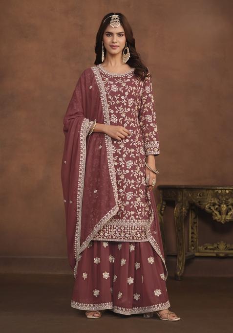 Brown Embroidery Georgette Kurta Set