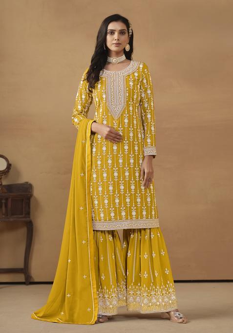 Mustard Embroidery Georgette Kurta Set
