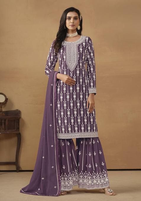 Lavender Embroidery Georgette Kurta Set
