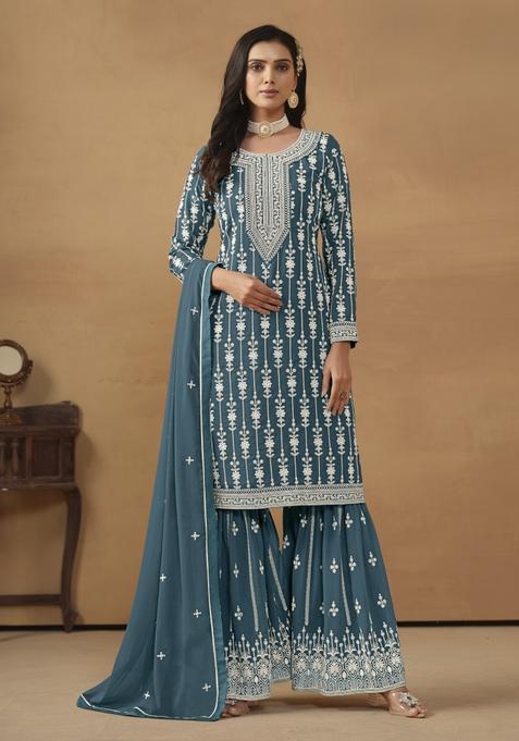 teal blue Embroidery Georgette Kurta Set