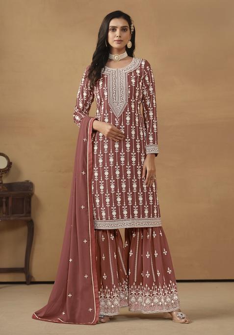 Brown Embroidery Georgette Kurta Set