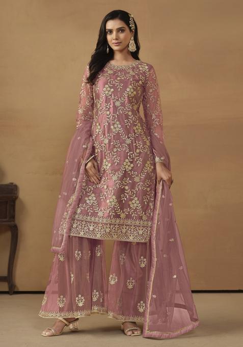 Pink Embroidery Net Kurta Set