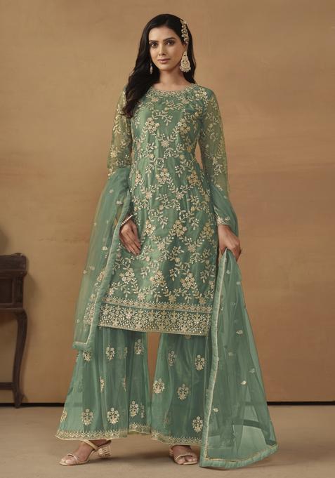 Green Embroidery Net Kurta Set
