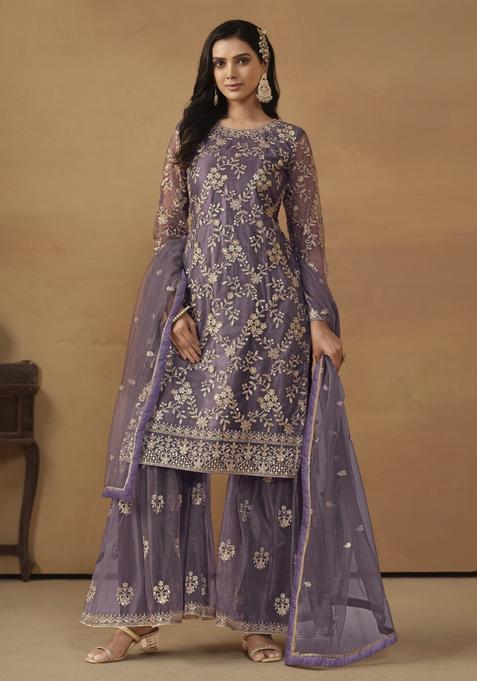 Purple Embroidery Net Kurta Set