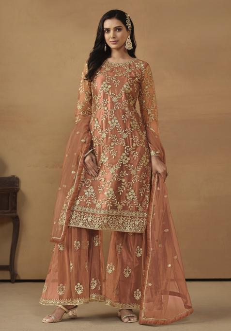 orange Embroidery Net Kurta Set