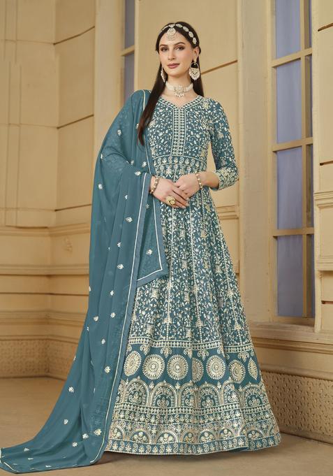 Blue Embroidery Georgette Kurta Set