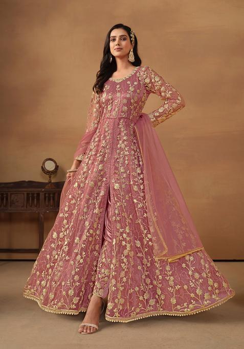 Pink Embroidery Net Kurta Set