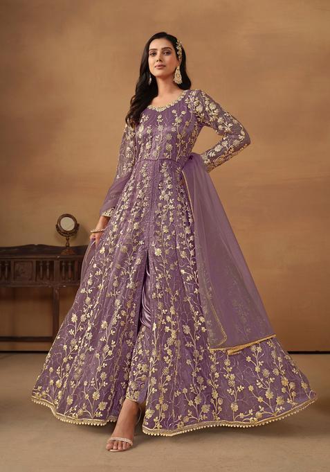 Lavender Embroidery Net Kurta Set