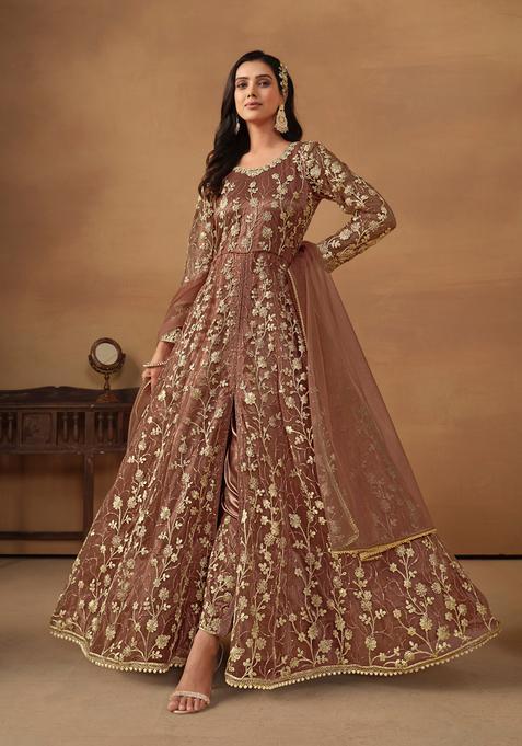 Brown Embroidery Net Kurta Set