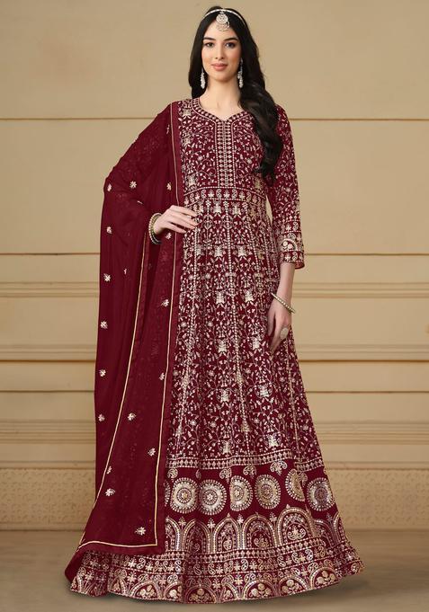 Red Embroidery Georgette Kurta Set