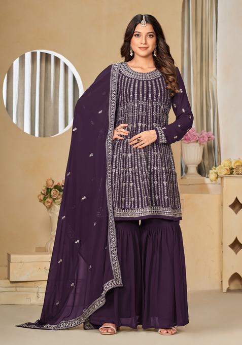 Purple Embroidery Georgette Kurta Set