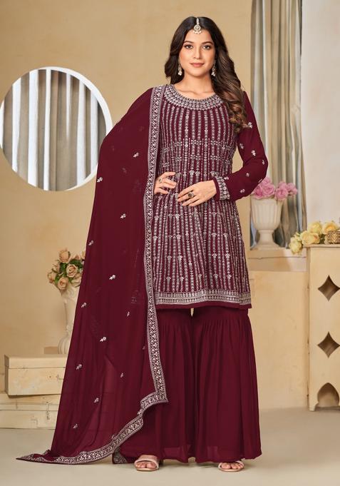 maroon Embroidery Georgette Kurta Set
