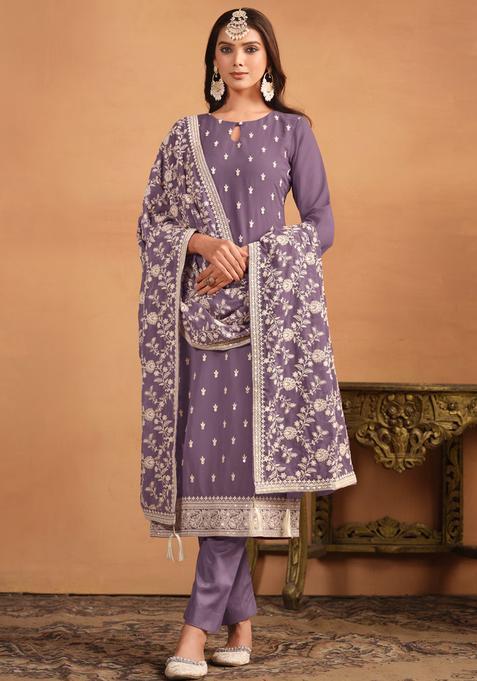 Lavender Embroidery Georgette Kurta Set
