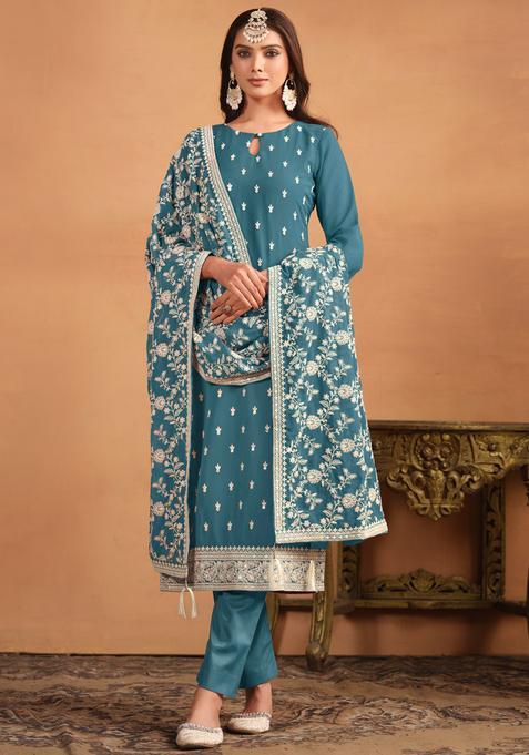 sea blue Embroidery Georgette Kurta Set