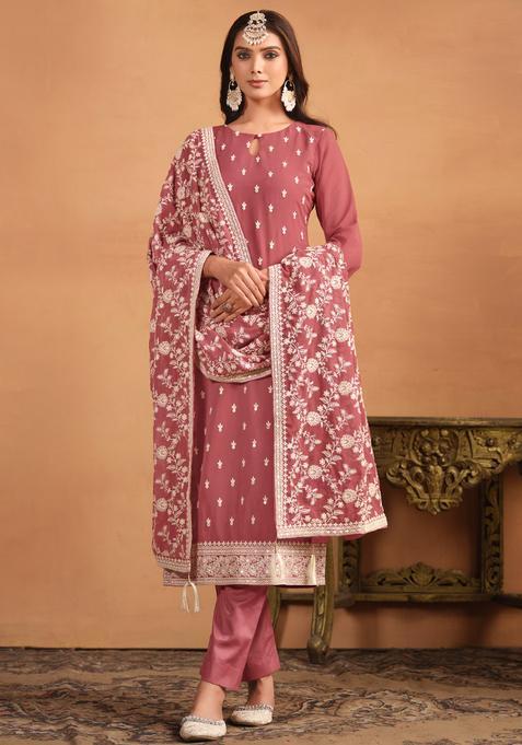 Peach Embroidery Georgette Kurta Set