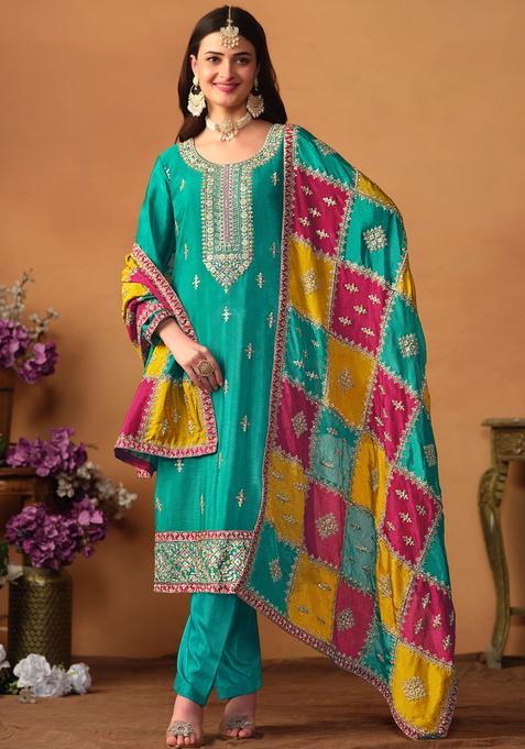 Sea Green Embroidery Silk Kurta Set