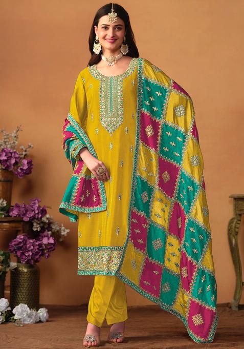 Mustard Embroidery Silk Kurta Set