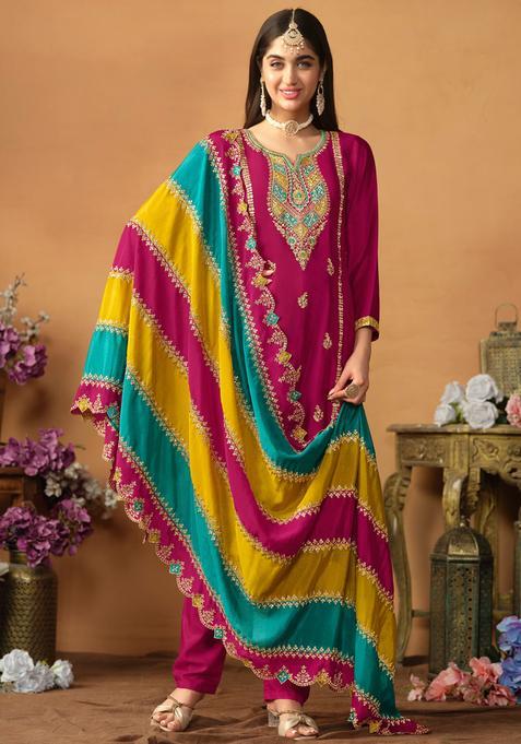 Pink Embroidery Silk Kurta Set