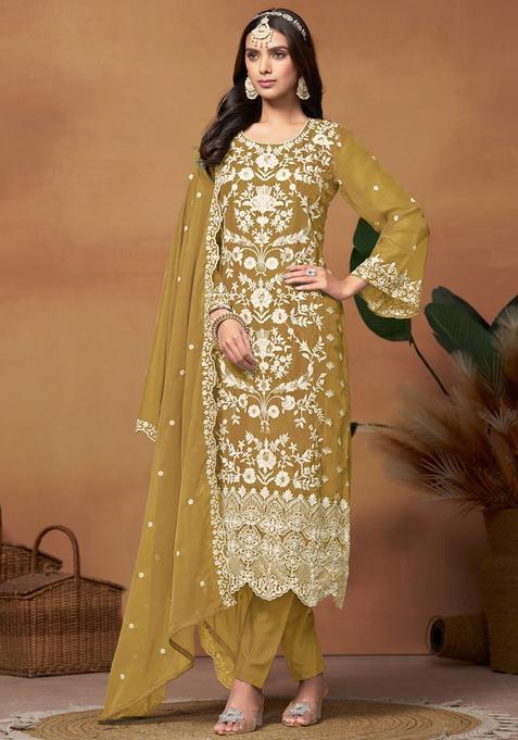Mustard Embroidery Organza Kurta Set
