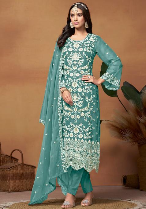 Sea Green Embroidery Organza Kurta Set