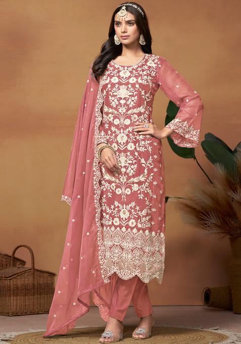 Peach Embroidery Organza Kurta Set