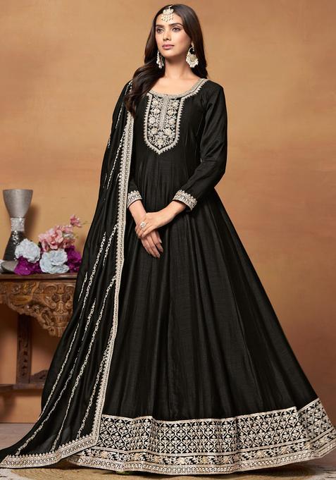 Black Embroidery Silk Kurta Set