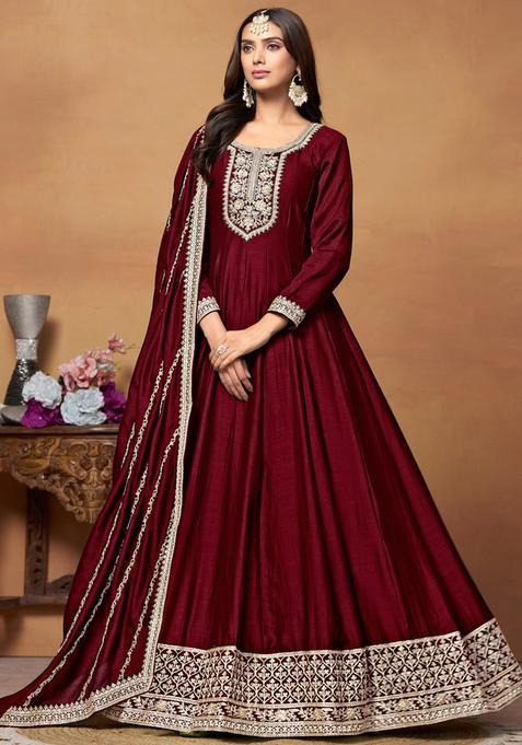 Red Embroidery Silk Kurta Set