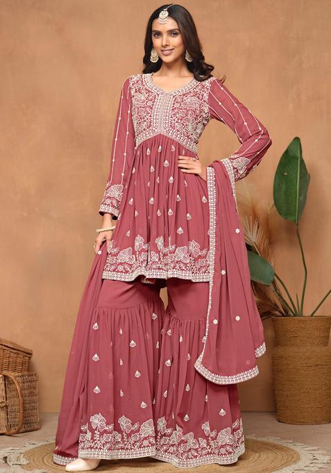 Peach Embroidery Georgette Kurta Set