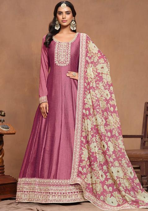 Pink Embroidery Silk Kurta Set