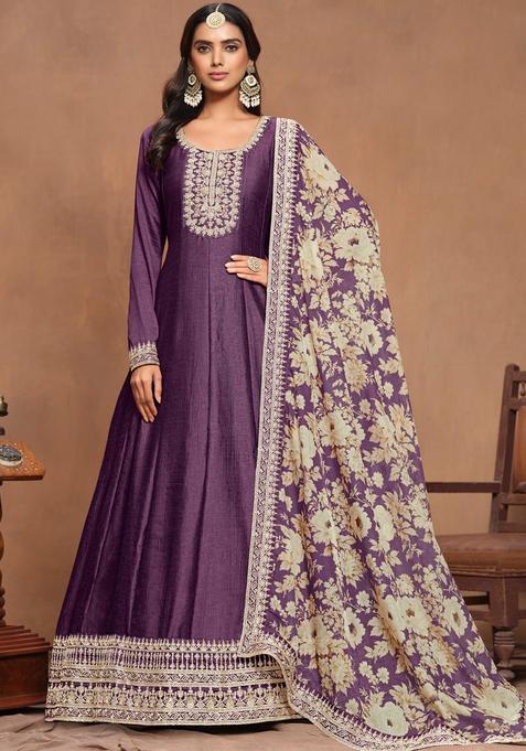 Purple Embroidery Silk Kurta Set