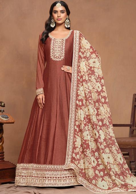 Brown Embroidery Silk Kurta Set