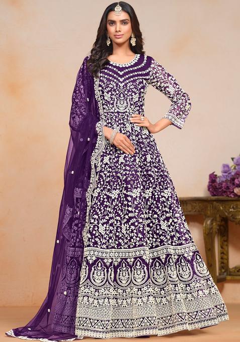 Purple Embroidery Net Kurta Set