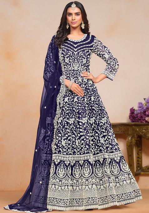 Navy Blue Embroidery Net Kurta Set