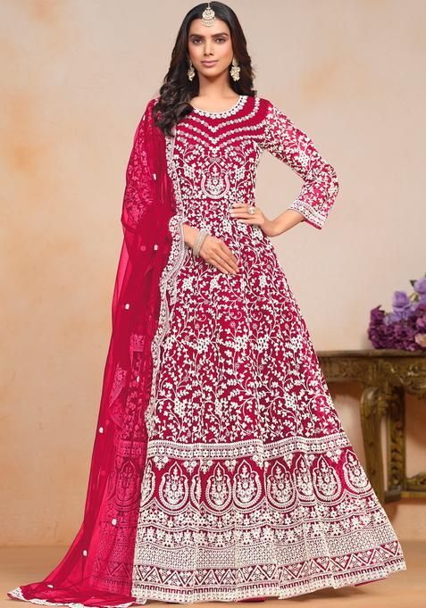 Red Embroidery Net Kurta Set