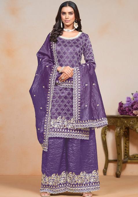 Purple Embroidery Gold Crush Kurta Set