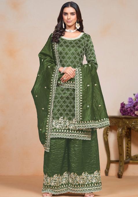 Teal Green Embroidery Gold Crush Kurta Set