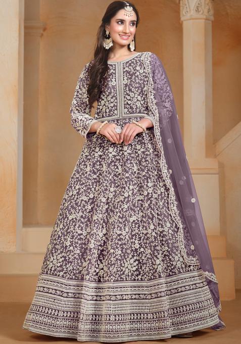 Lavender Embroidery Net Kurta Set