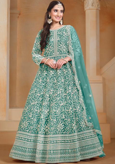 Sea Green Embroidery Net Kurta Set