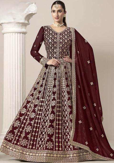 maroon Embroidery Georgette Kurta Set