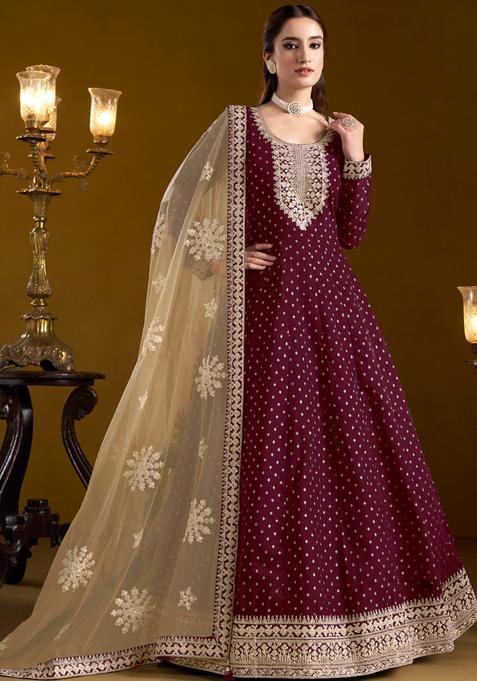 maroon Embroidery Chanderi Kurta Set