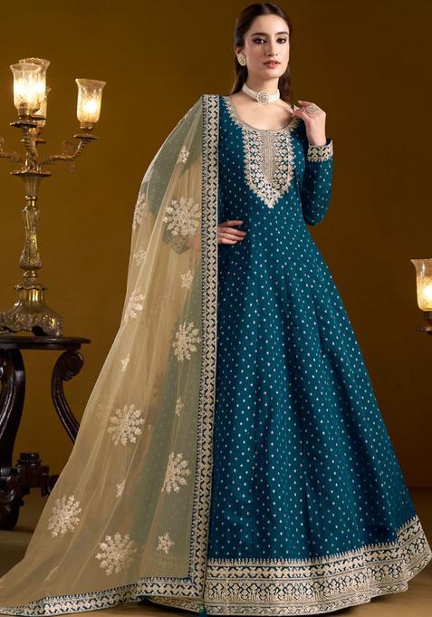 Teal Blue Embroidery Chanderi Kurta Set