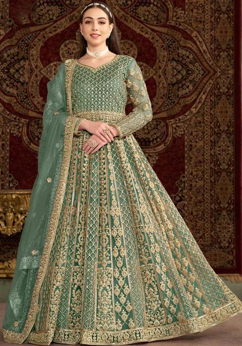 Teal Blue Embroidery Net Kurta Set