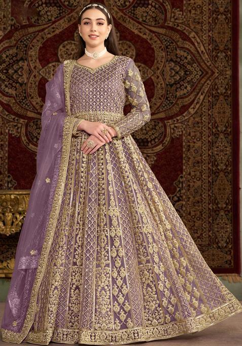 Purple Embroidery Net Kurta Set