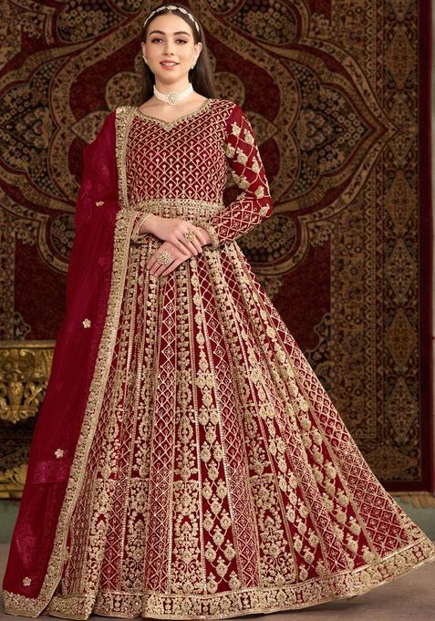 maroon Embroidery Net Kurta Set
