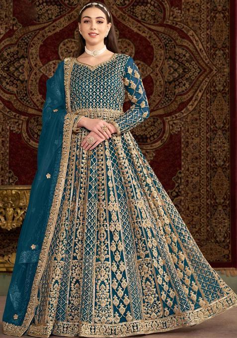 Teal Blue Embroidery Net Kurta Set