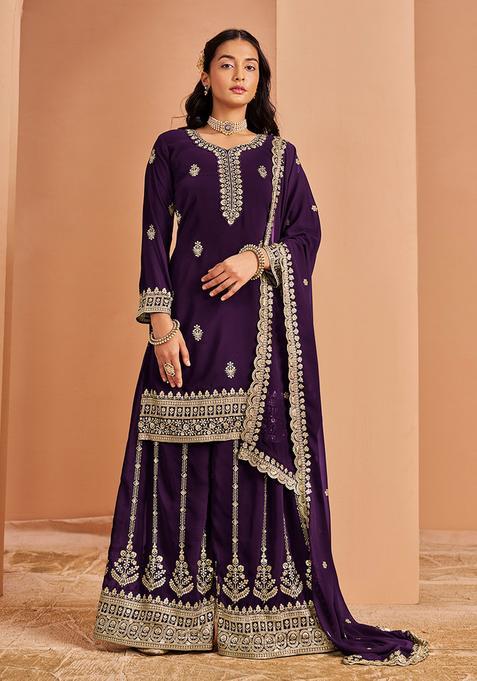 Purple Embroidery Georgette Kurta Set