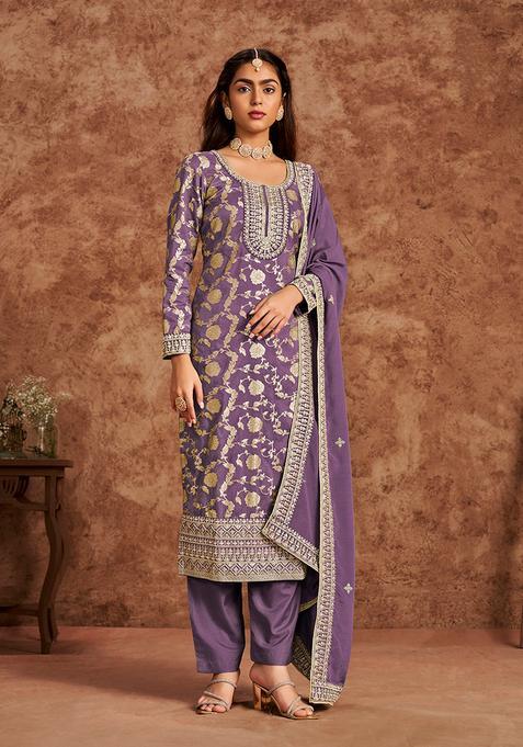 Purple Embroidery Silk Kurta Set
