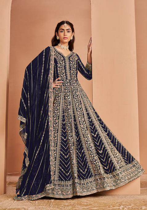Blue Embroidery Georgette Kurta Set