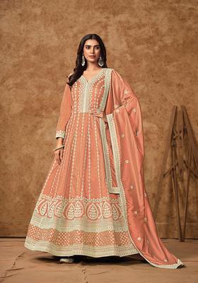 Peach Embroidery Georgette Kurta Set