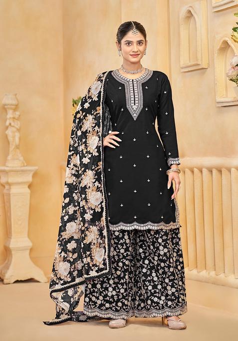 Black Embroidery Silk Kurta Set
